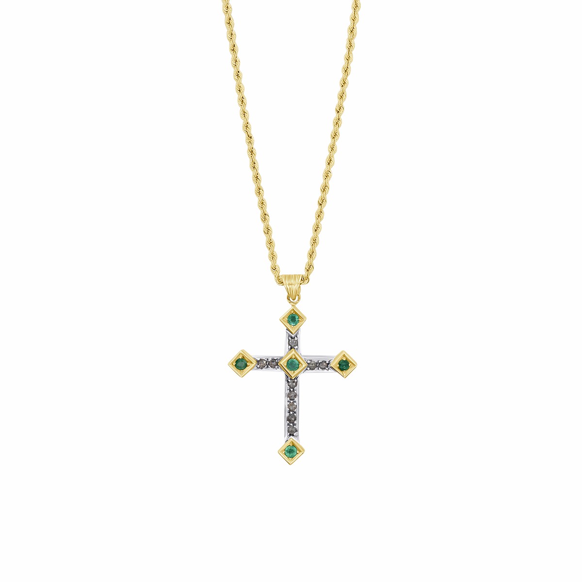 CROSS DIAMONDS NECKLACE - EMERALD AND GOLD