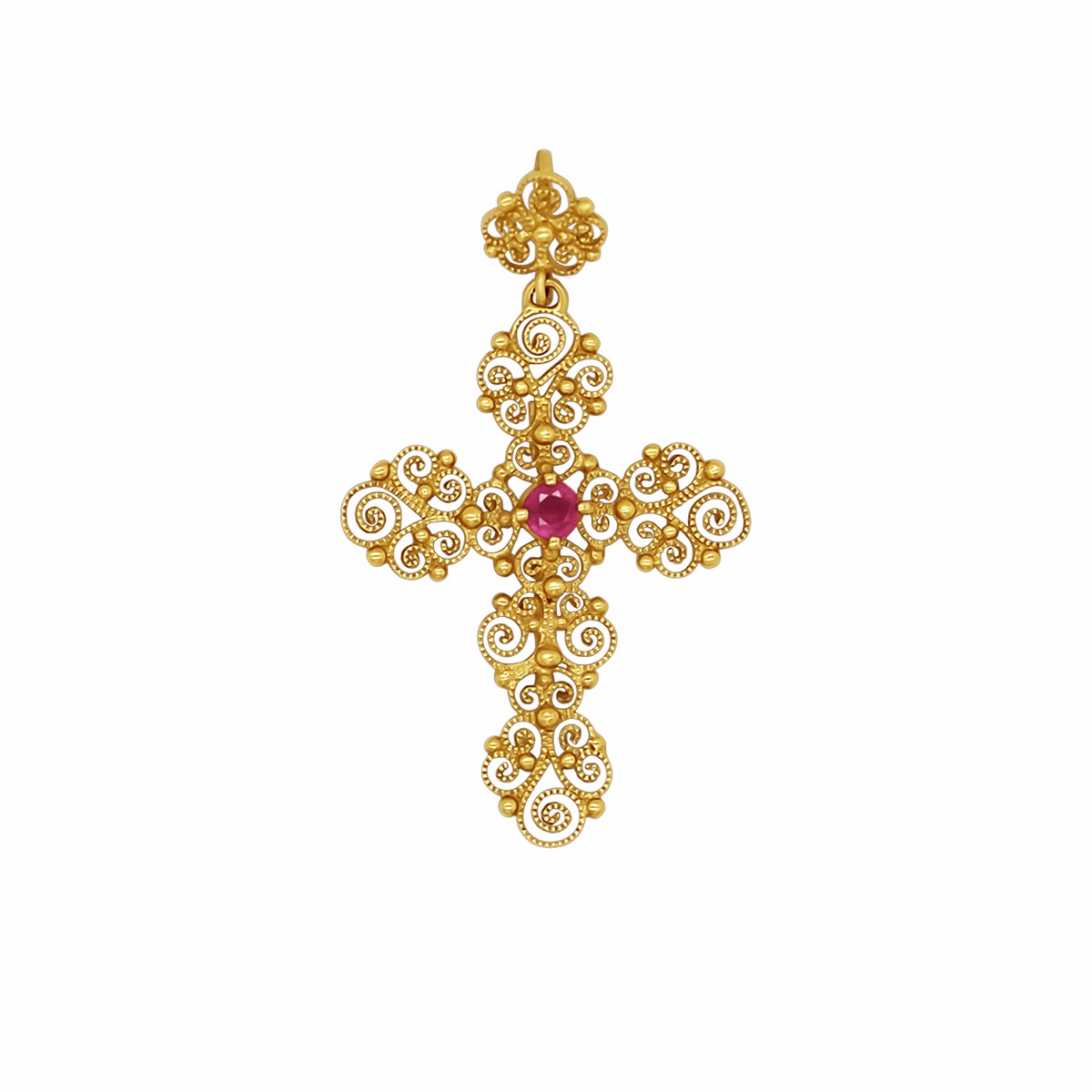 MADREVITATO CROSS PENDANT - GOLD AND RUBY