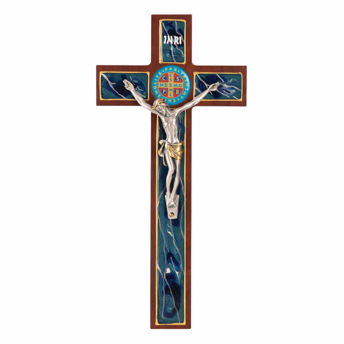 ST BENEDICT - WALL CRUCIFIX - WOOD AND SILVER