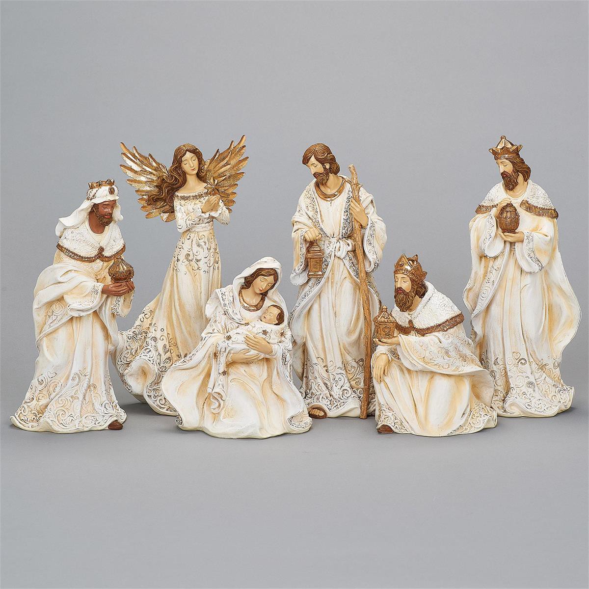 12"H, 6 Piece Nativity Set, Cream Gown w/ Gold Rope Trim