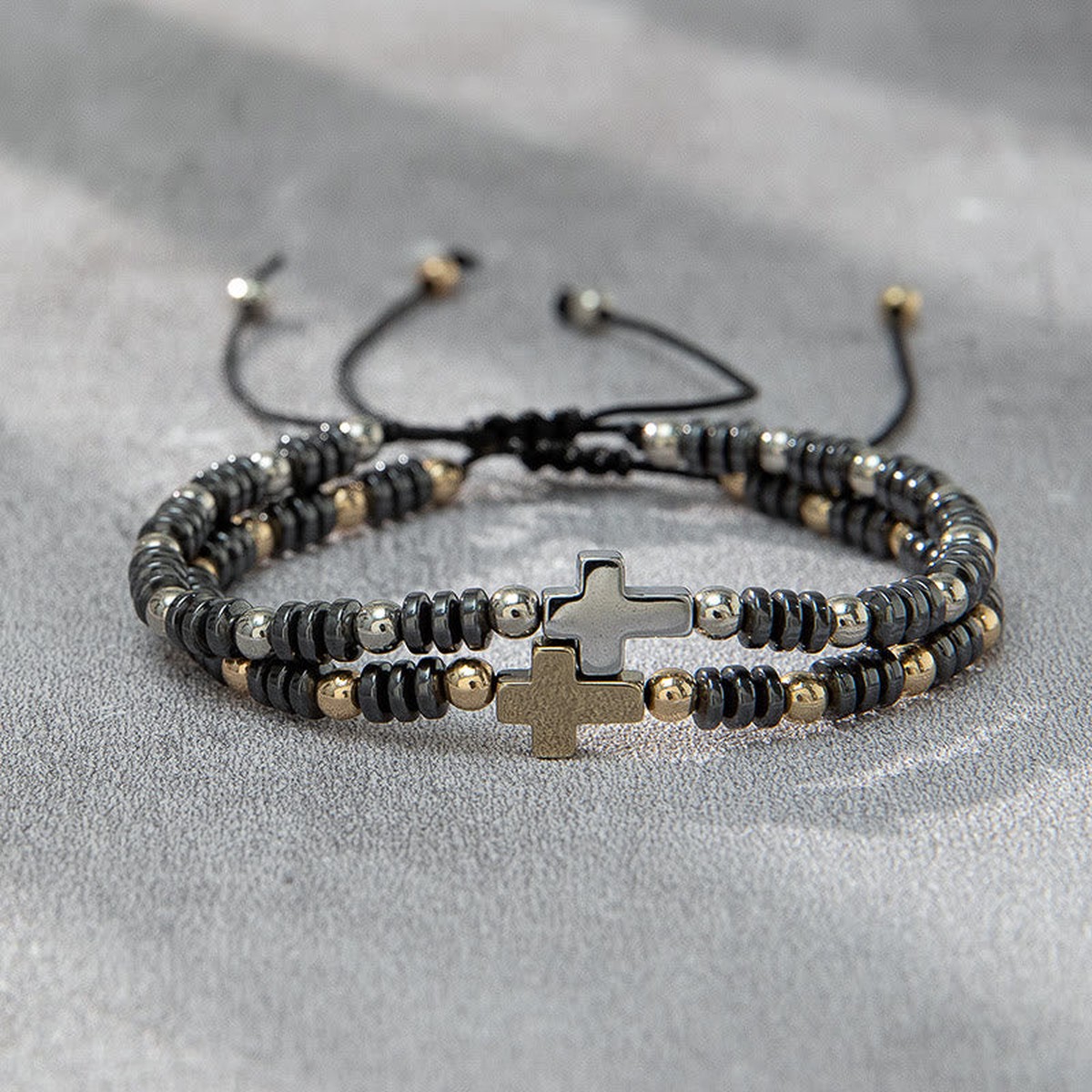 Christianartworkshop 2pcs Cross Decor Beaded Stackable Hematite Bracelet