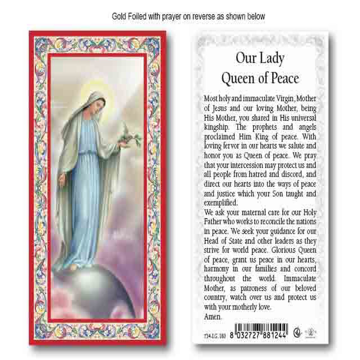 Our Lady Queen Of Peace Gold Foiled Holy Card