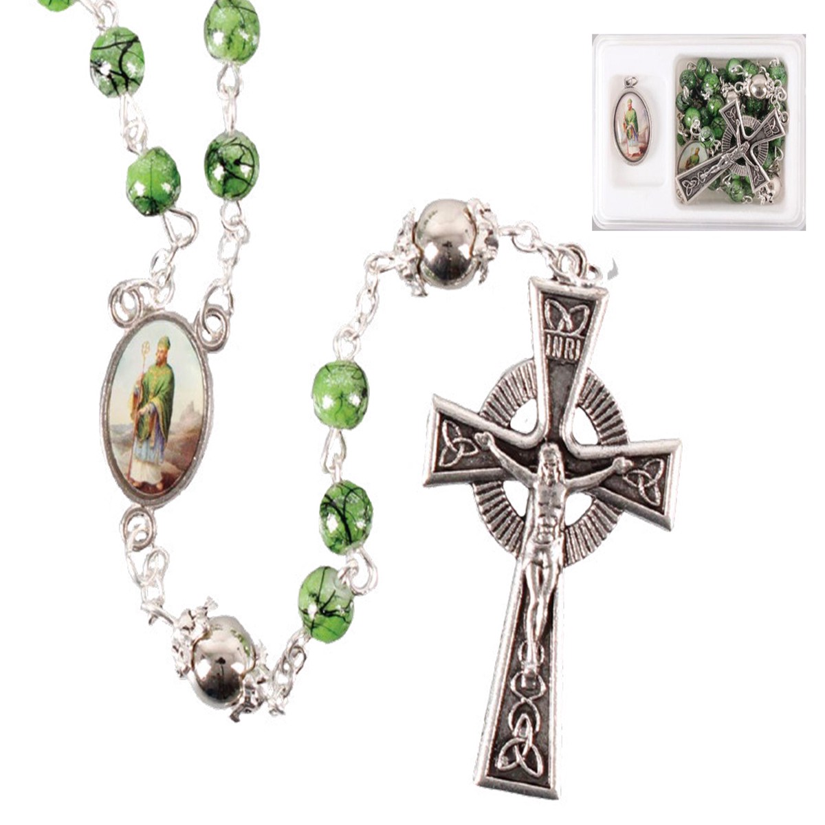 St. Patrick Glass Rosary With Medal