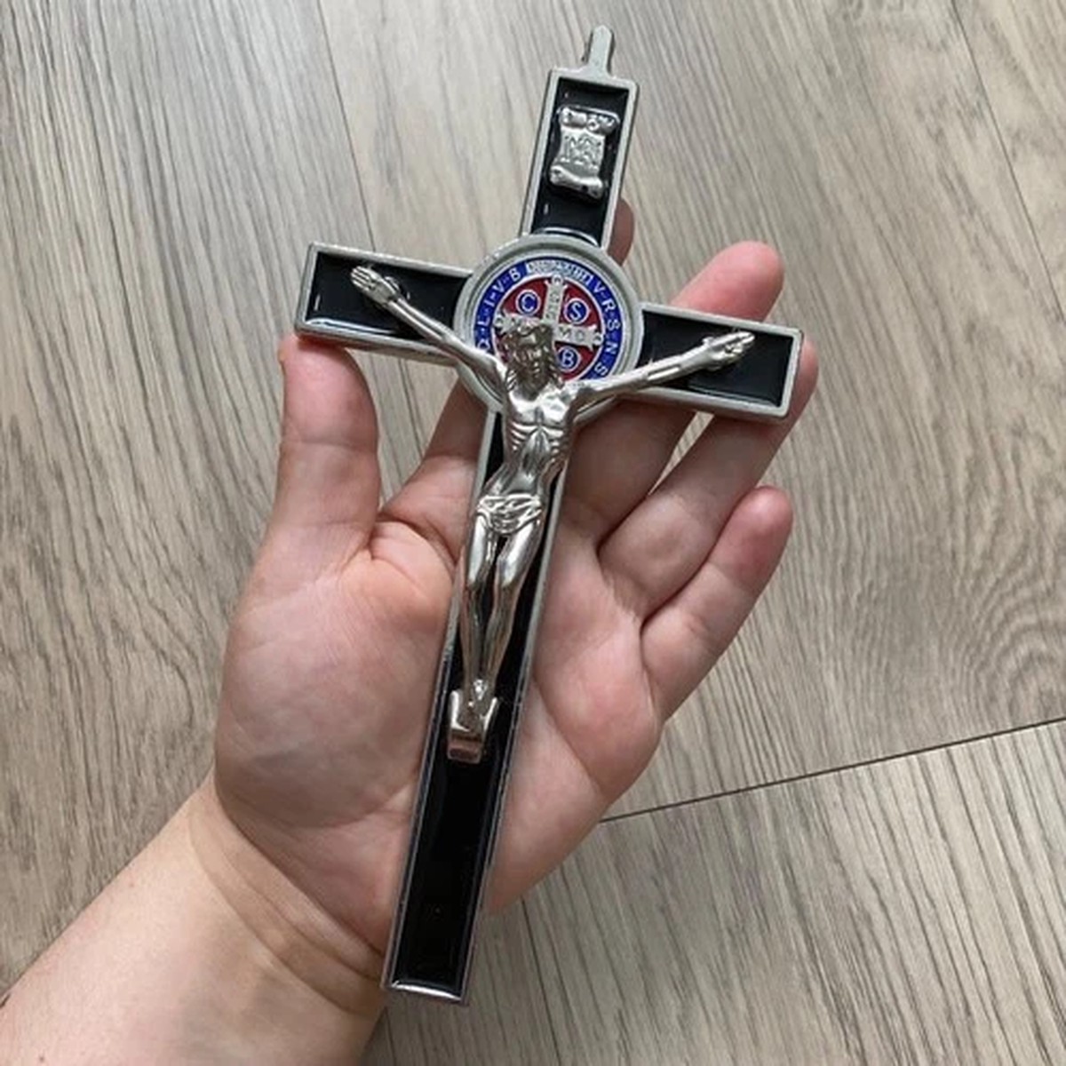St Benedict Black Silver Enamel Wall 7.5 Cross Crucifix Catholic Crucifijo Cruz