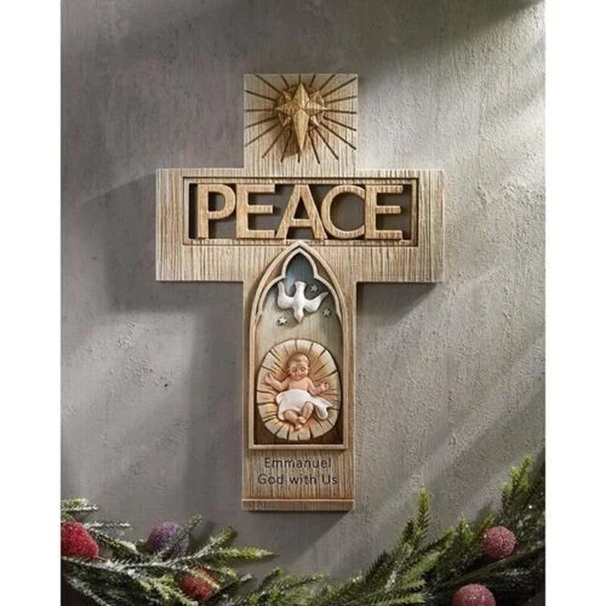 "Peace" Hanging Wall Cross 10" Baby Jesus Christmas Star Emmanuel Catholic Home