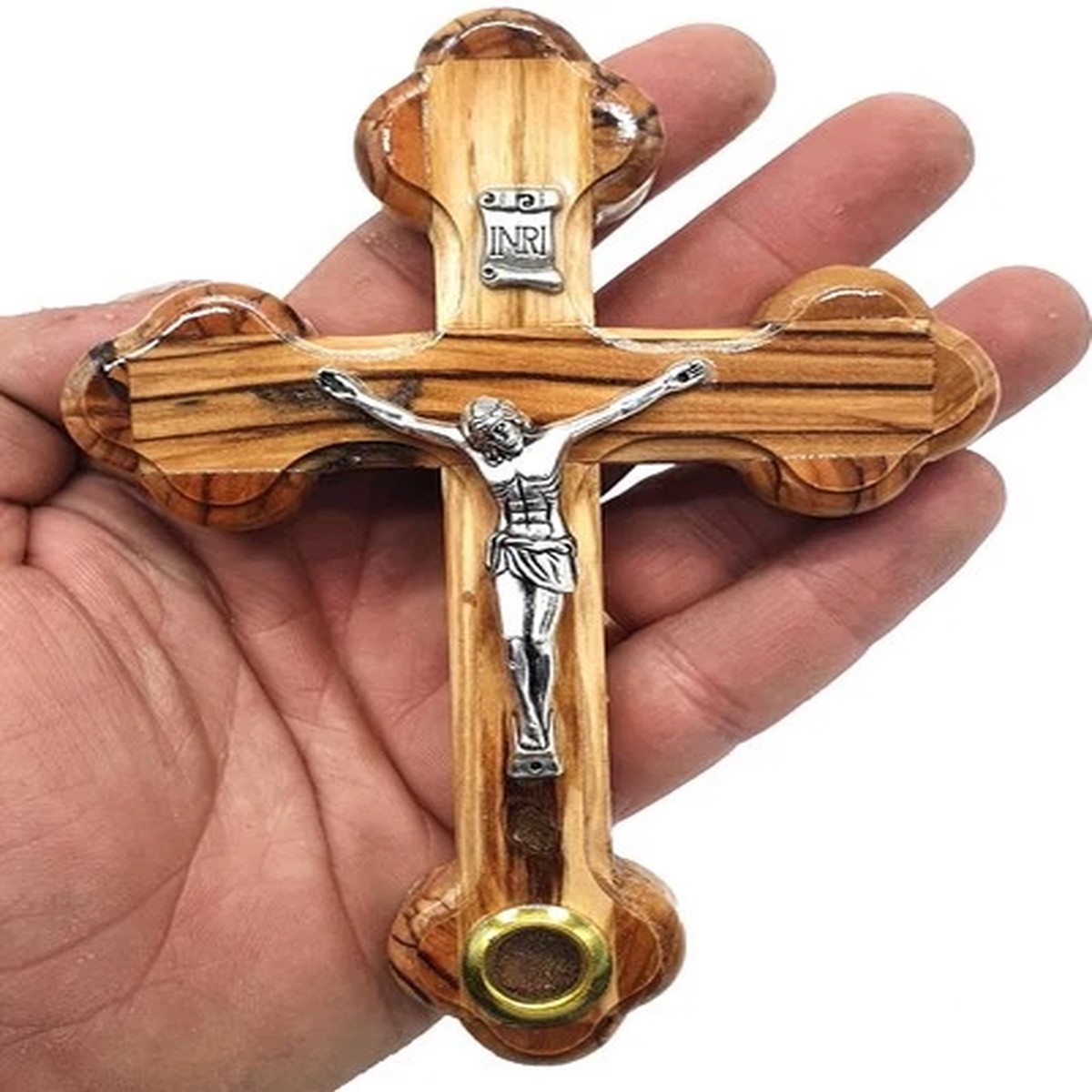 Zuluf 14 Stations Wall Olive Wood Cross Crucifix with Jerusalem Soil & Holy Land