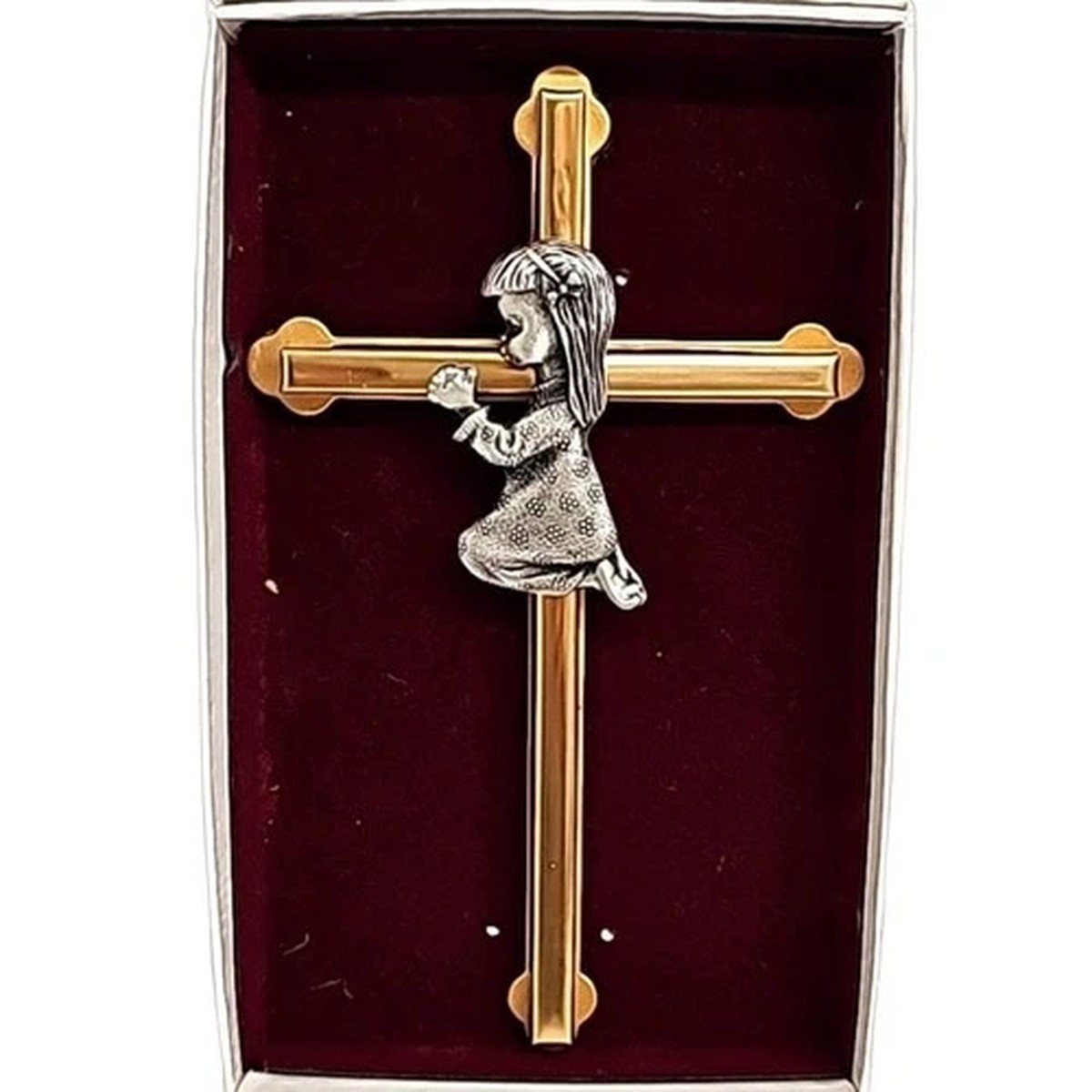 Camco Vintage Praying Girl on a Cross Crucifix Pewter Gold Wall Hanging Baptism