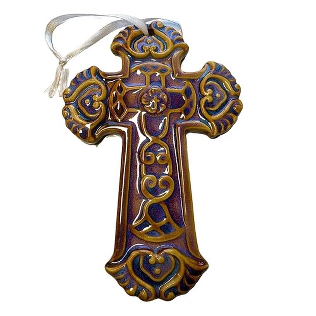 Ceramic Christian Cross Wall Hanging 6.5 Nordic Design Glazed Purple/Blue Brown