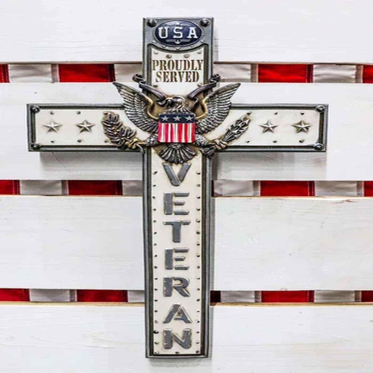 Rustic USA Proudly Served American Flag Great Seal Eagle Veteran Wall Cross